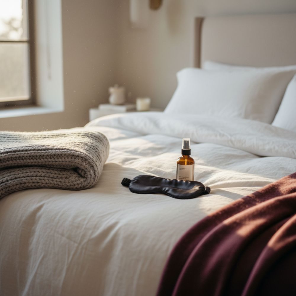 Bottle of essential oil, eye mask, and folded blanket on a bed in a softly lit bedroom.