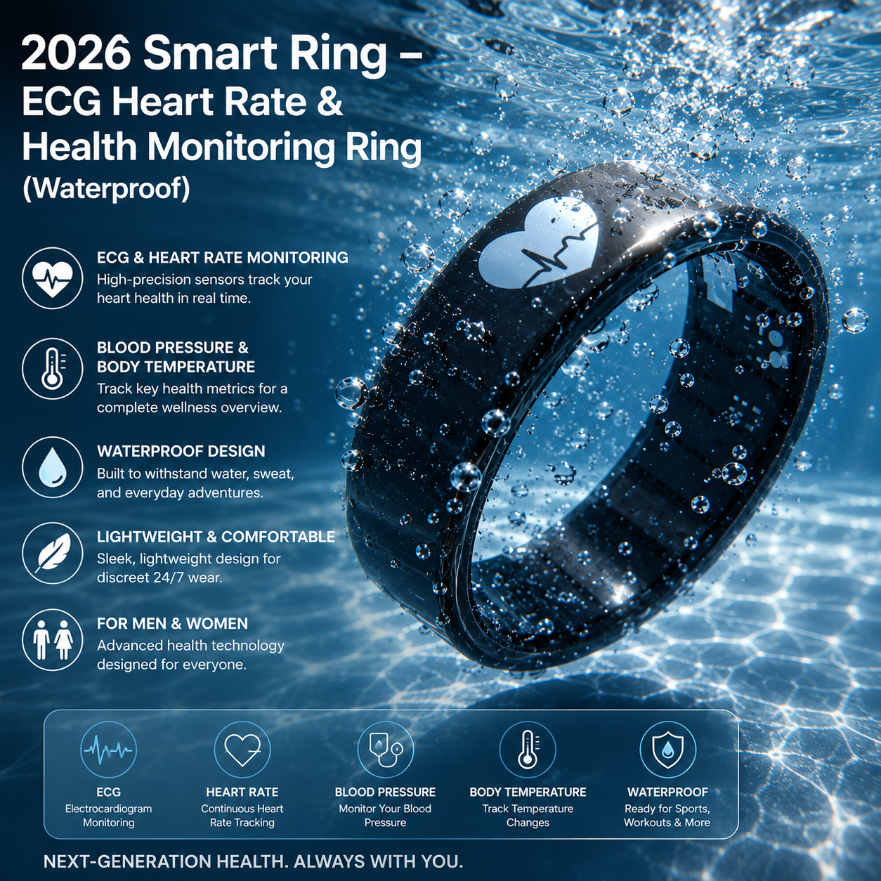 2026 Smart Ring – ECG Heart Rate & Health Monitoring Ring (Waterproof)
