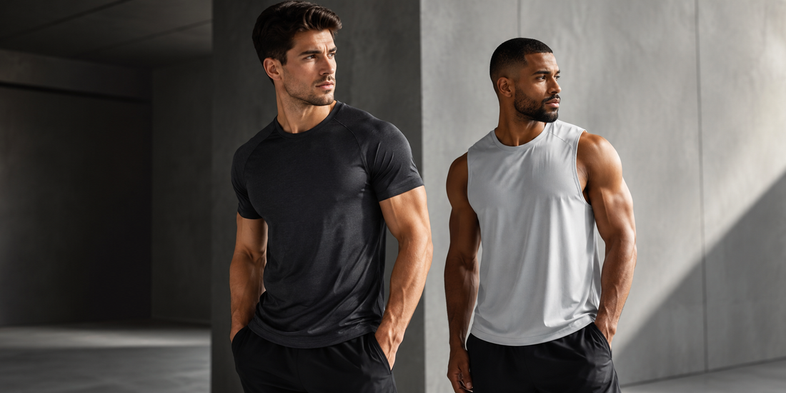 Two men wearing athletic clothing against a concrete wall.