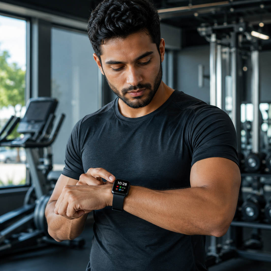 Man in a gym checking his smartwatch