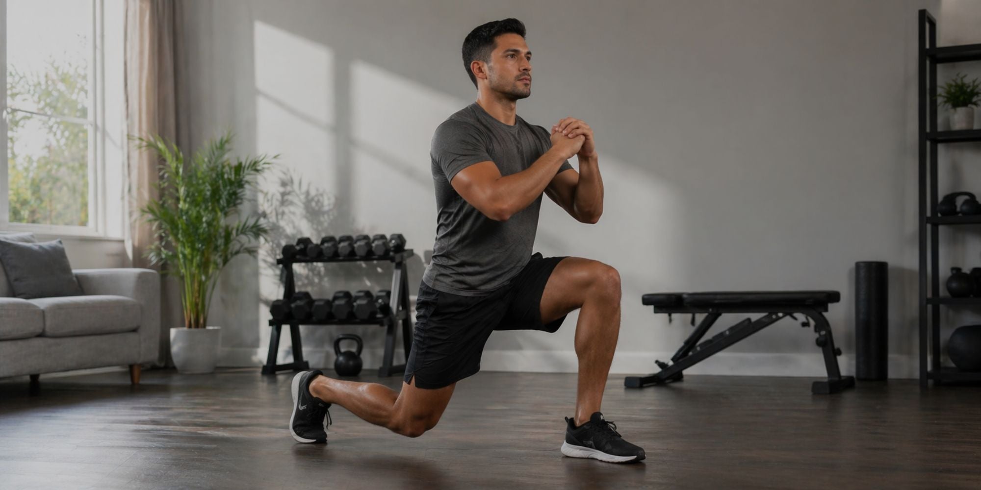 Man performing lunges in a home gym setting with exercise equipment in the background.
