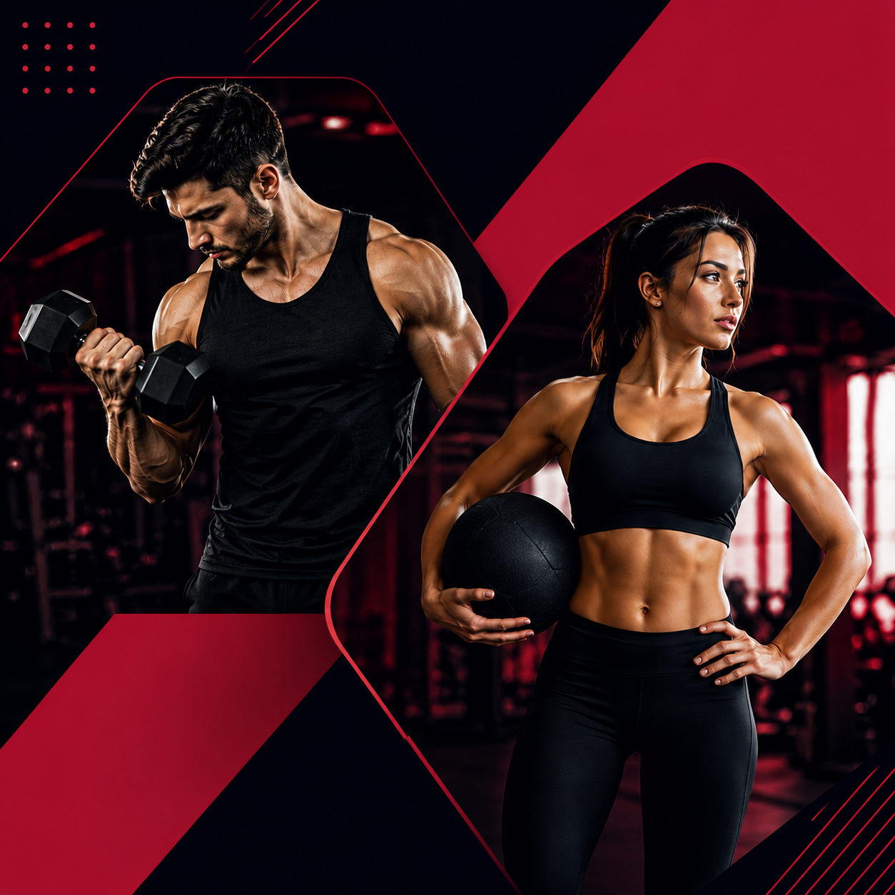 Man and woman exercising with dumbbells and a medicine ball against a red and black background