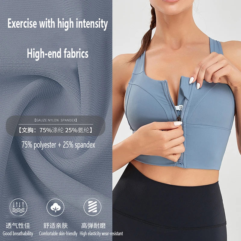 Shock Resistant Sports Bra – Women’s Zipper Front Wide Strap Gym & Yoga Bra