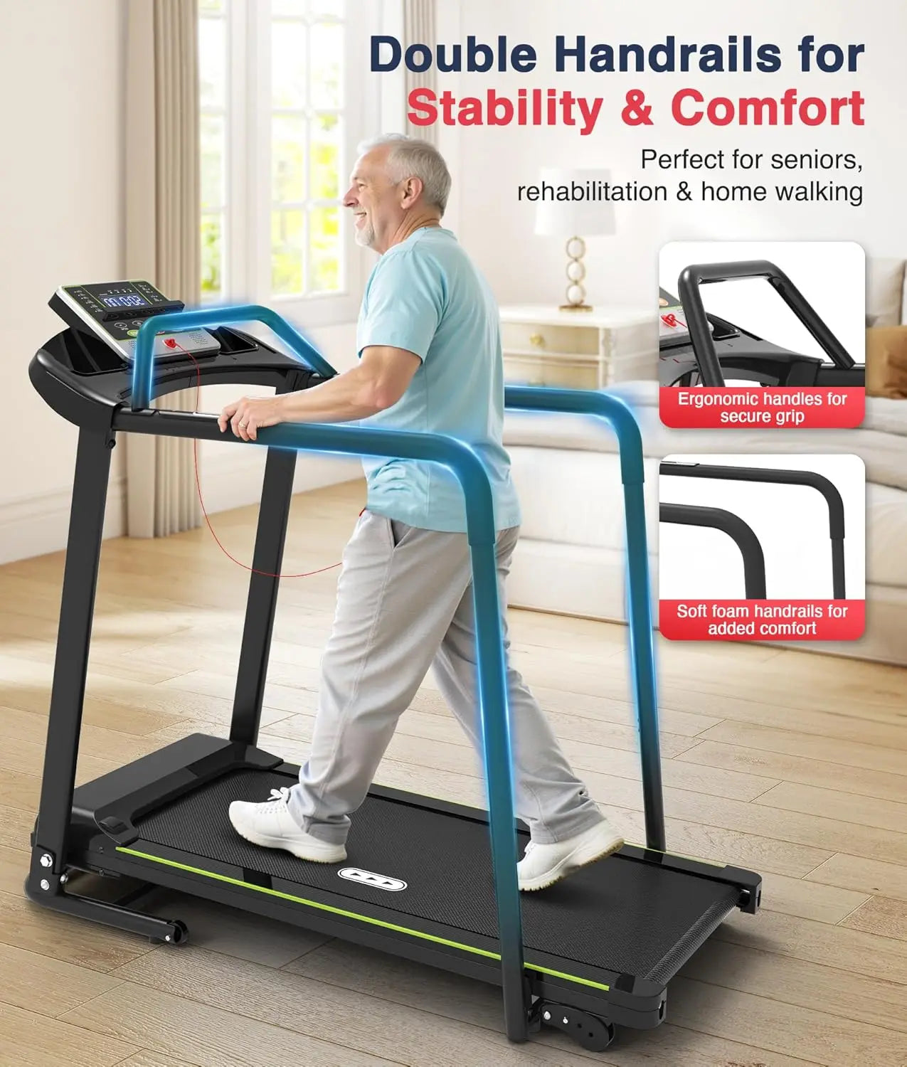 Foldable Walking Treadmill – Long Handrail Balance & Home Recovery Exercise Machine