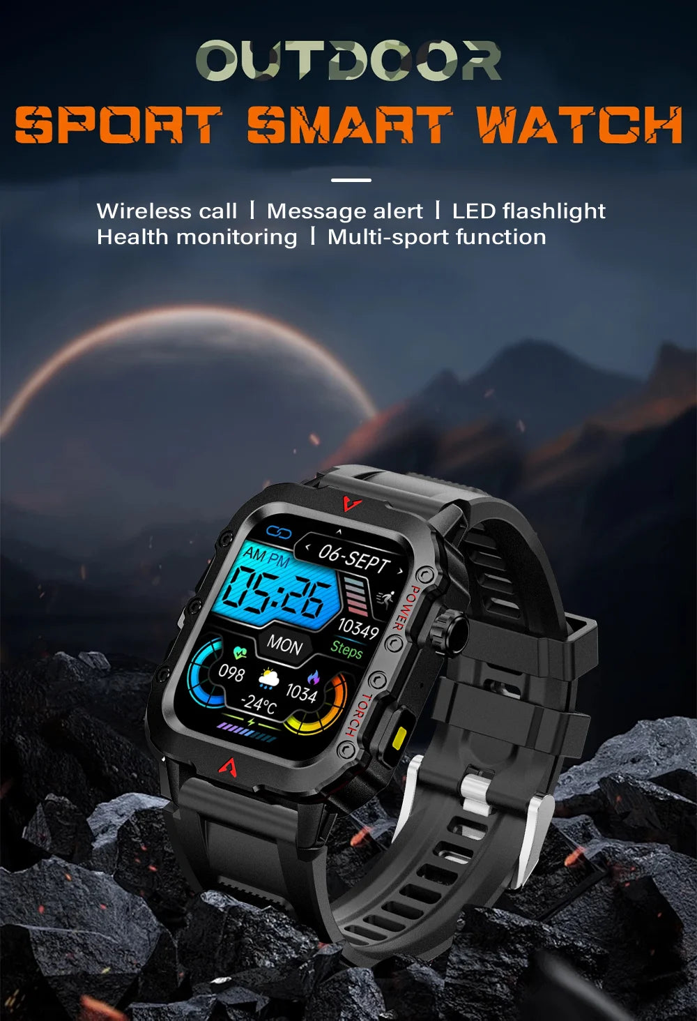 LAXASFIT Men’s Smart Watch – LED Flashlight Outdoor Sports Health Monitor