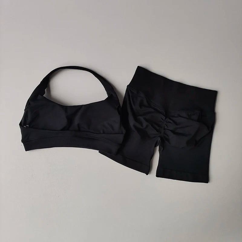 Women’s Halter Neck Yoga Set – High Waist Peach Sports Bra & Shorts Suit