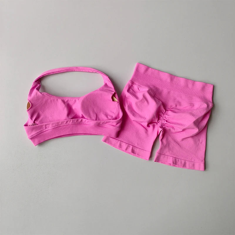 Women’s Halter Neck Yoga Set – High Waist Peach Sports Bra & Shorts Suit