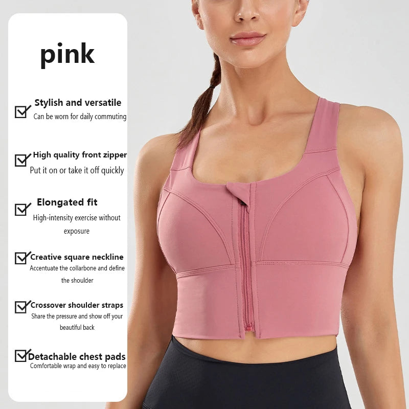 Shock Resistant Sports Bra – Women’s Zipper Front Wide Strap Gym & Yoga Bra