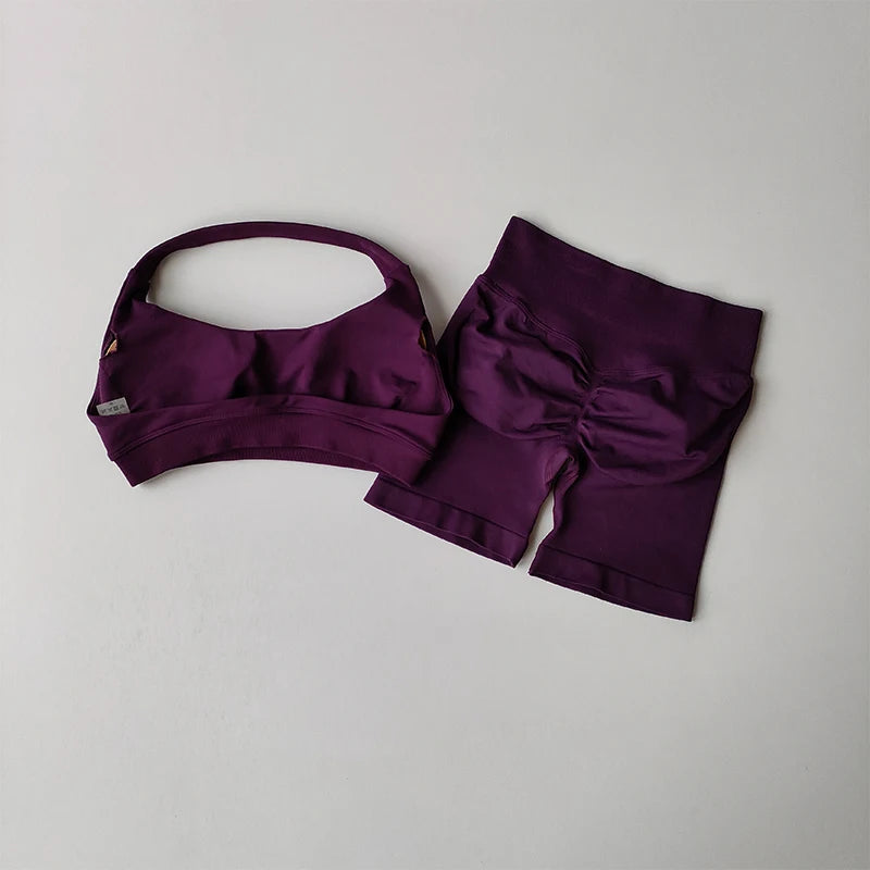 Women’s Halter Neck Yoga Set – High Waist Peach Sports Bra & Shorts Suit
