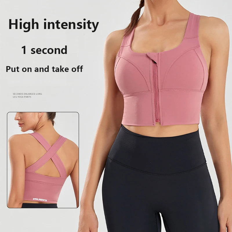 Shock Resistant Sports Bra – Women’s Zipper Front Wide Strap Gym & Yoga Bra