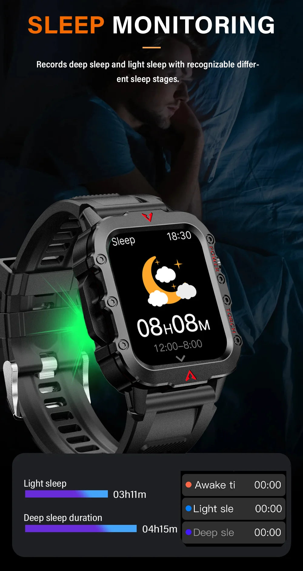 LAXASFIT Men’s Smart Watch – LED Flashlight Outdoor Sports Health Monitor