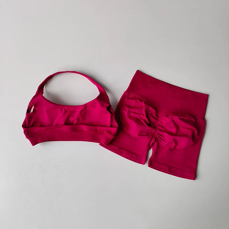 Women’s Halter Neck Yoga Set – High Waist Peach Sports Bra & Shorts Suit
