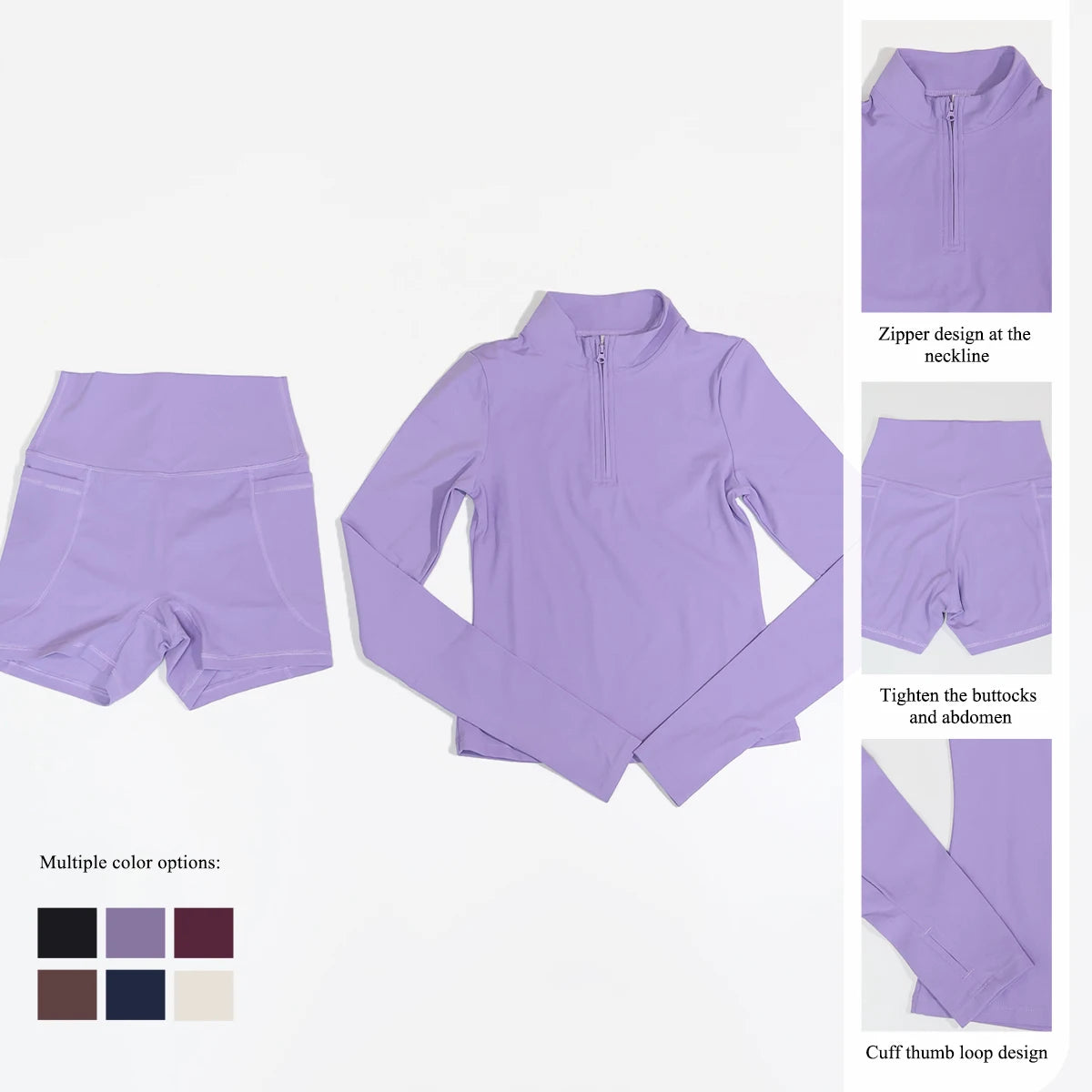 Women’s 2-Piece Sports Set – Half-Zip Long Sleeve Yoga Top & Shorts