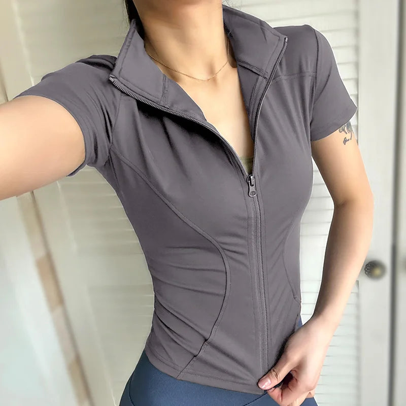 Women’s Waist Slimming Yoga Top – Quick-Dry Zipper Sports Shirt