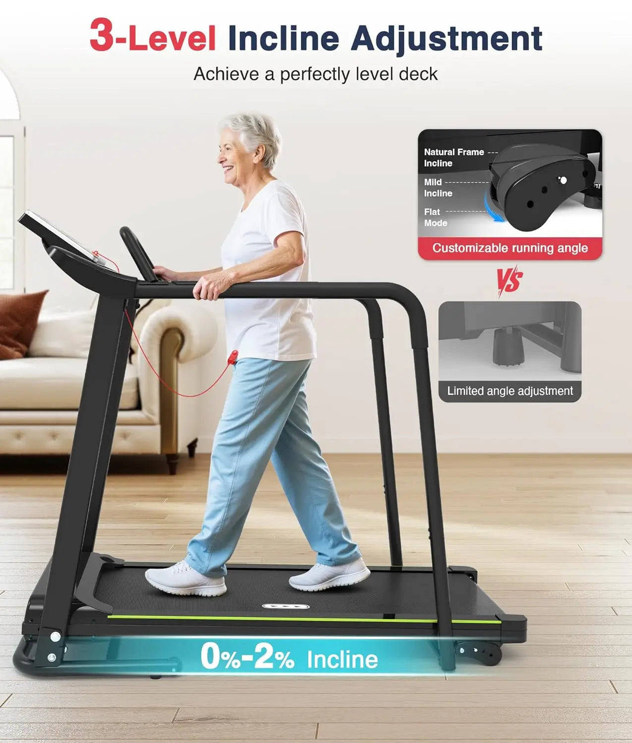 Foldable Walking Treadmill – Long Handrail Balance & Home Recovery Exercise Machine