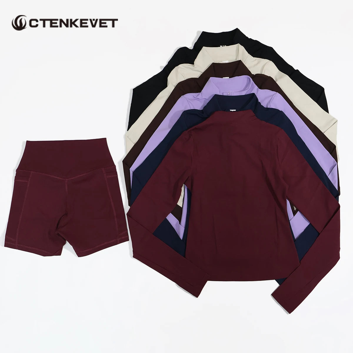 Women’s 2-Piece Sports Set – Half-Zip Long Sleeve Yoga Top & Shorts