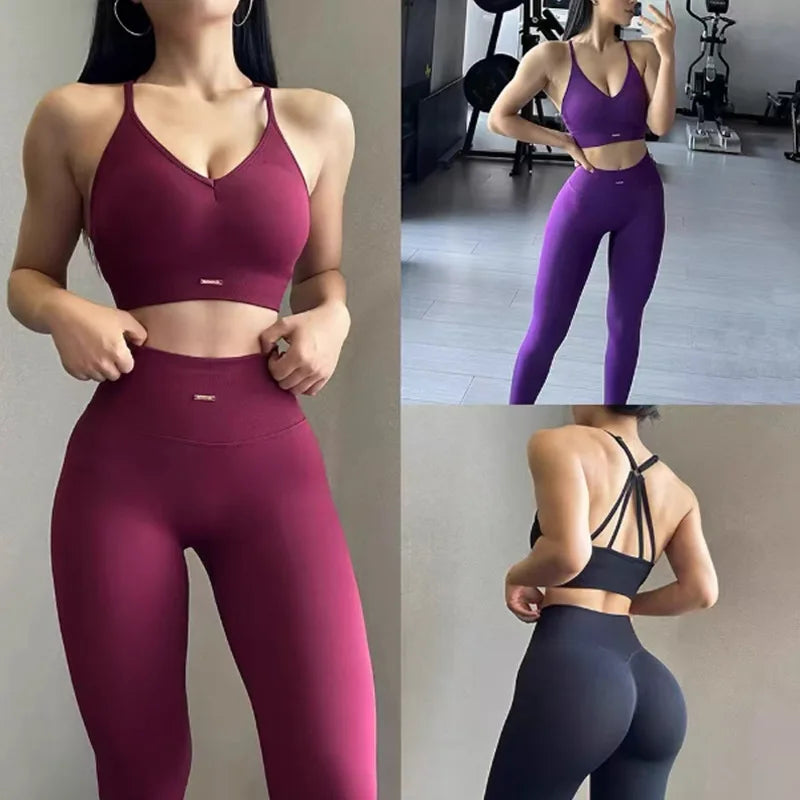 Seamless Yoga Set – Women’s High Waist Scrunch Leggings & V-Neck Sports Bra