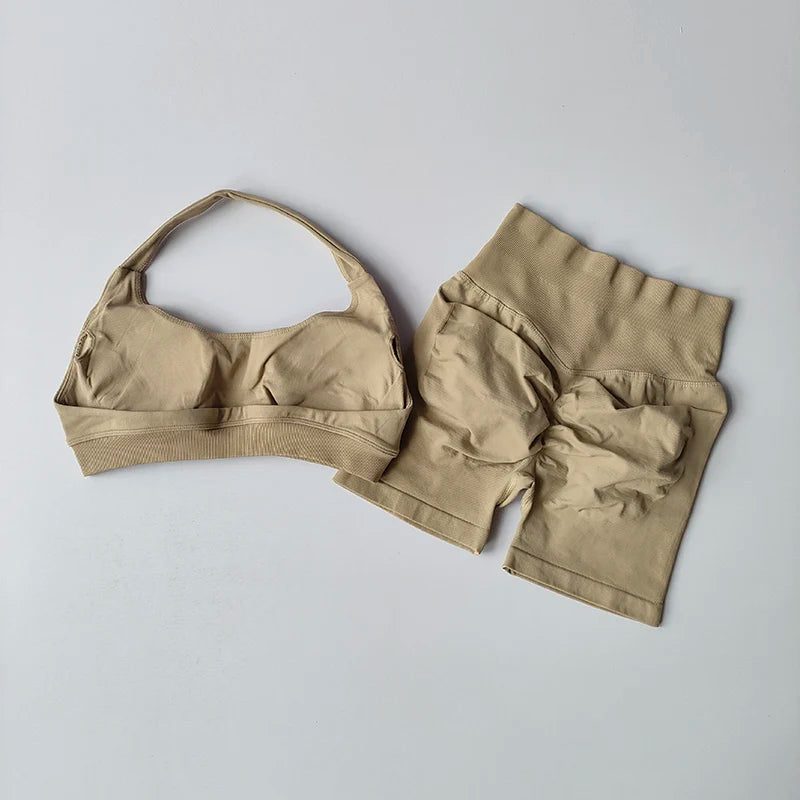 Women’s Halter Neck Yoga Set – High Waist Peach Sports Bra & Shorts Suit