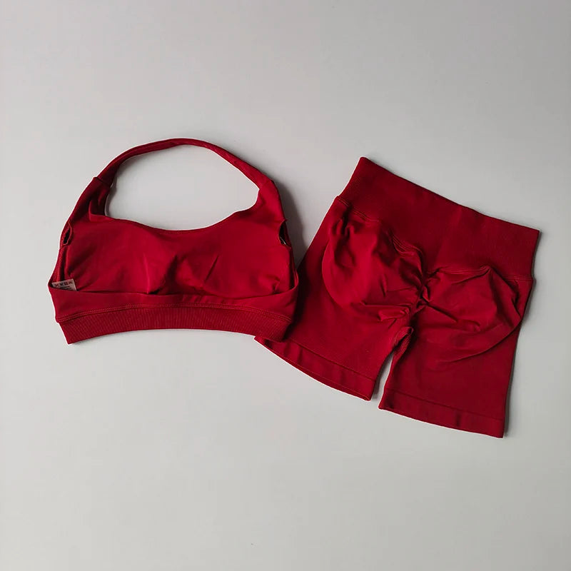 Women’s Halter Neck Yoga Set – High Waist Peach Sports Bra & Shorts Suit