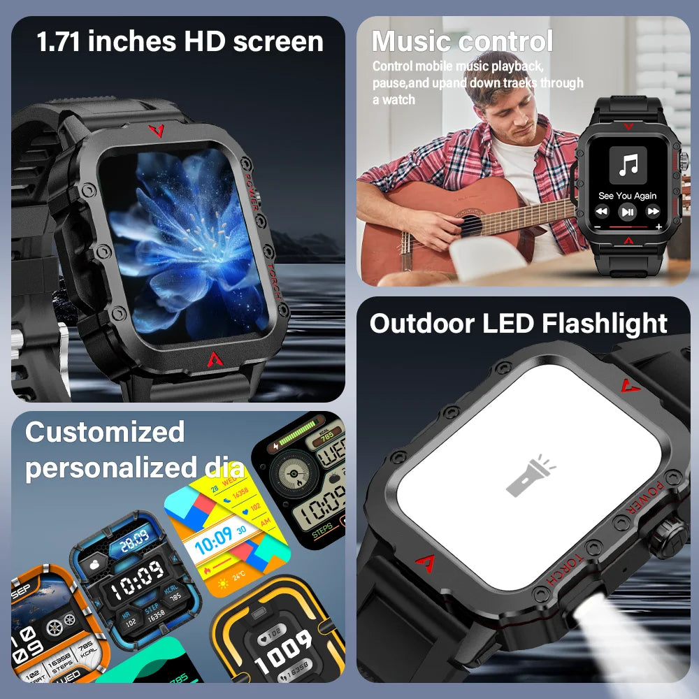LAXASFIT Men’s Smart Watch – LED Flashlight Outdoor Sports Health Monitor