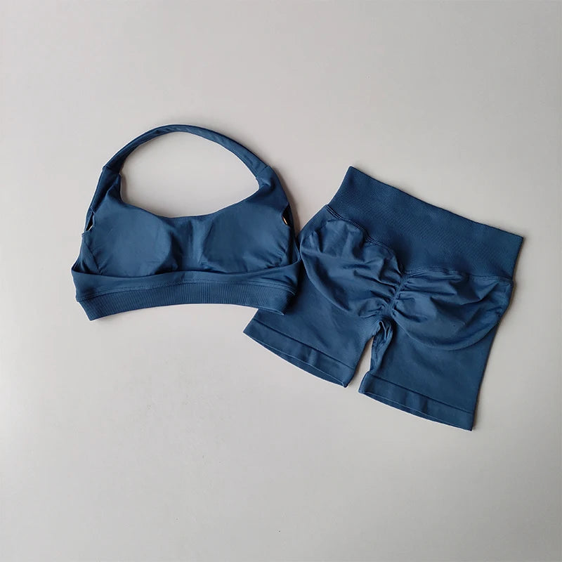 Women’s Halter Neck Yoga Set – High Waist Peach Sports Bra & Shorts Suit