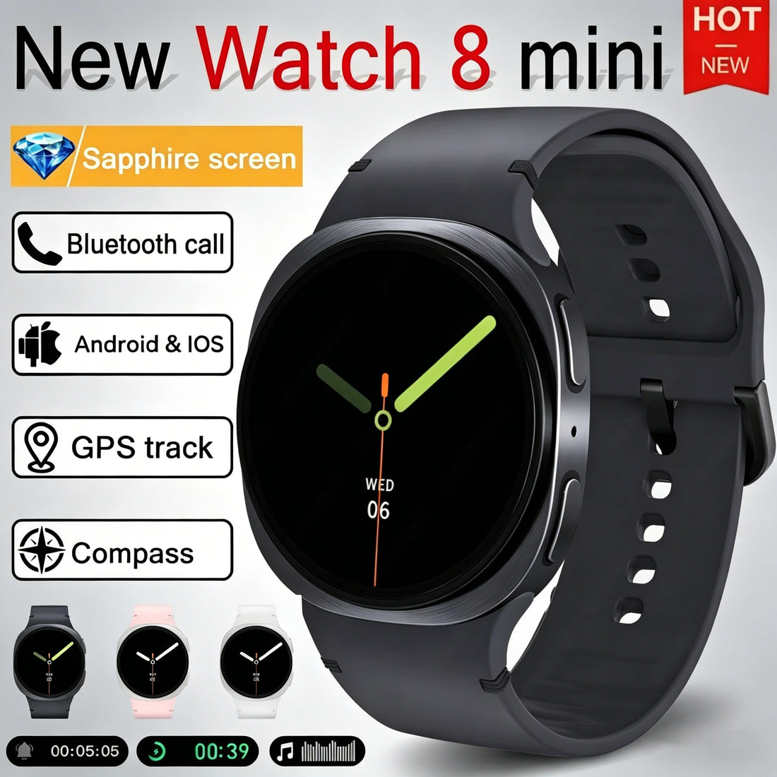 8 Mini Smart Watch – AMOLED HD, Bluetooth Call & GPS Fitness Tracker