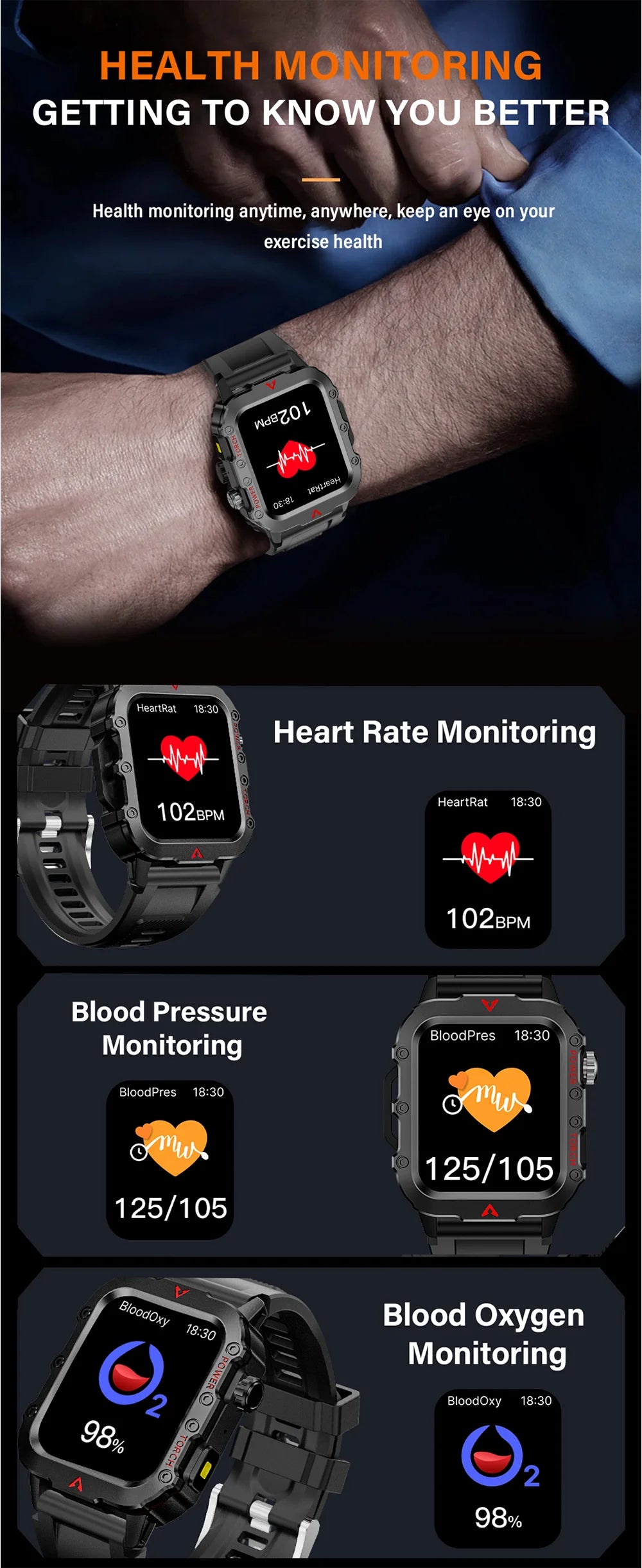 LAXASFIT Men’s Smart Watch – LED Flashlight Outdoor Sports Health Monitor