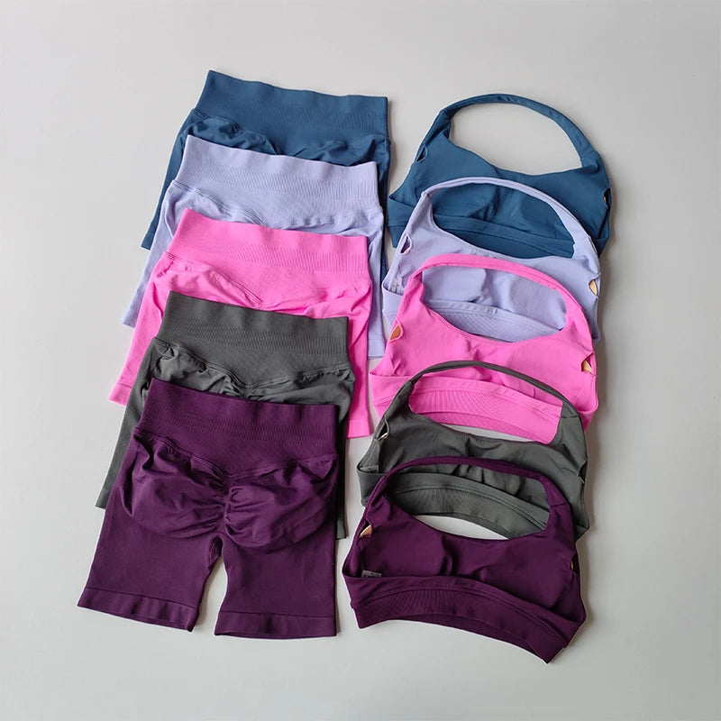 Women’s Halter Neck Yoga Set – High Waist Peach Sports Bra & Shorts Suit