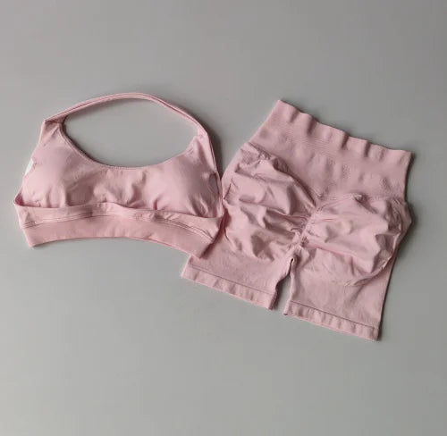 Women’s Halter Neck Yoga Set – High Waist Peach Sports Bra & Shorts Suit