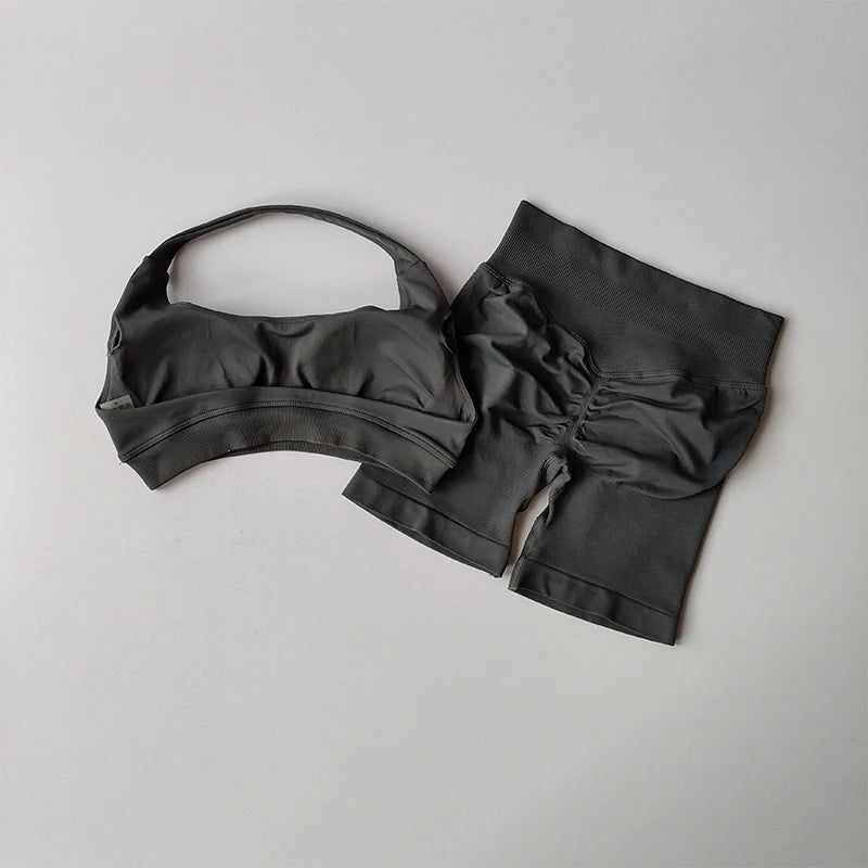 Women’s Halter Neck Yoga Set – High Waist Peach Sports Bra & Shorts Suit