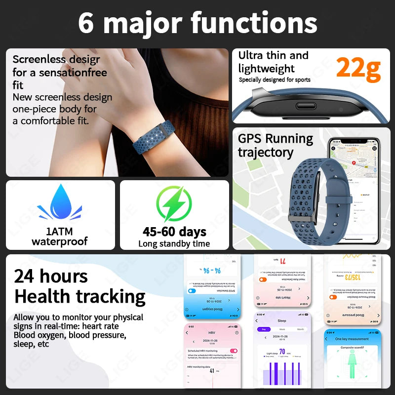 LIGE No Screen Smart Bracelet – Health & Fitness Tracker (Heart Rate & BP Monitor)