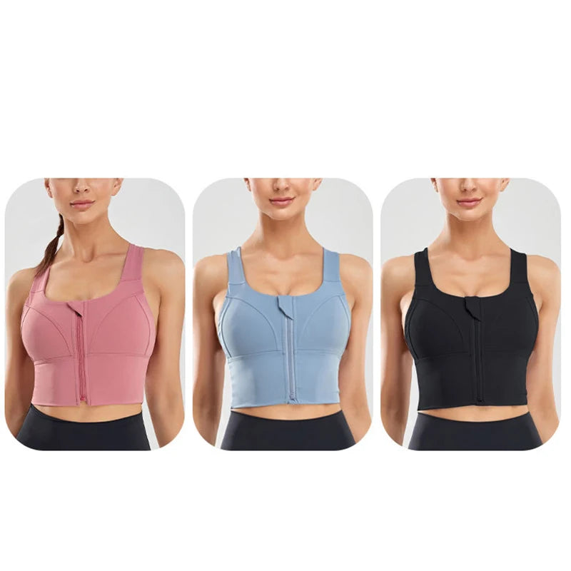 Shock Resistant Sports Bra – Women’s Zipper Front Wide Strap Gym & Yoga Bra