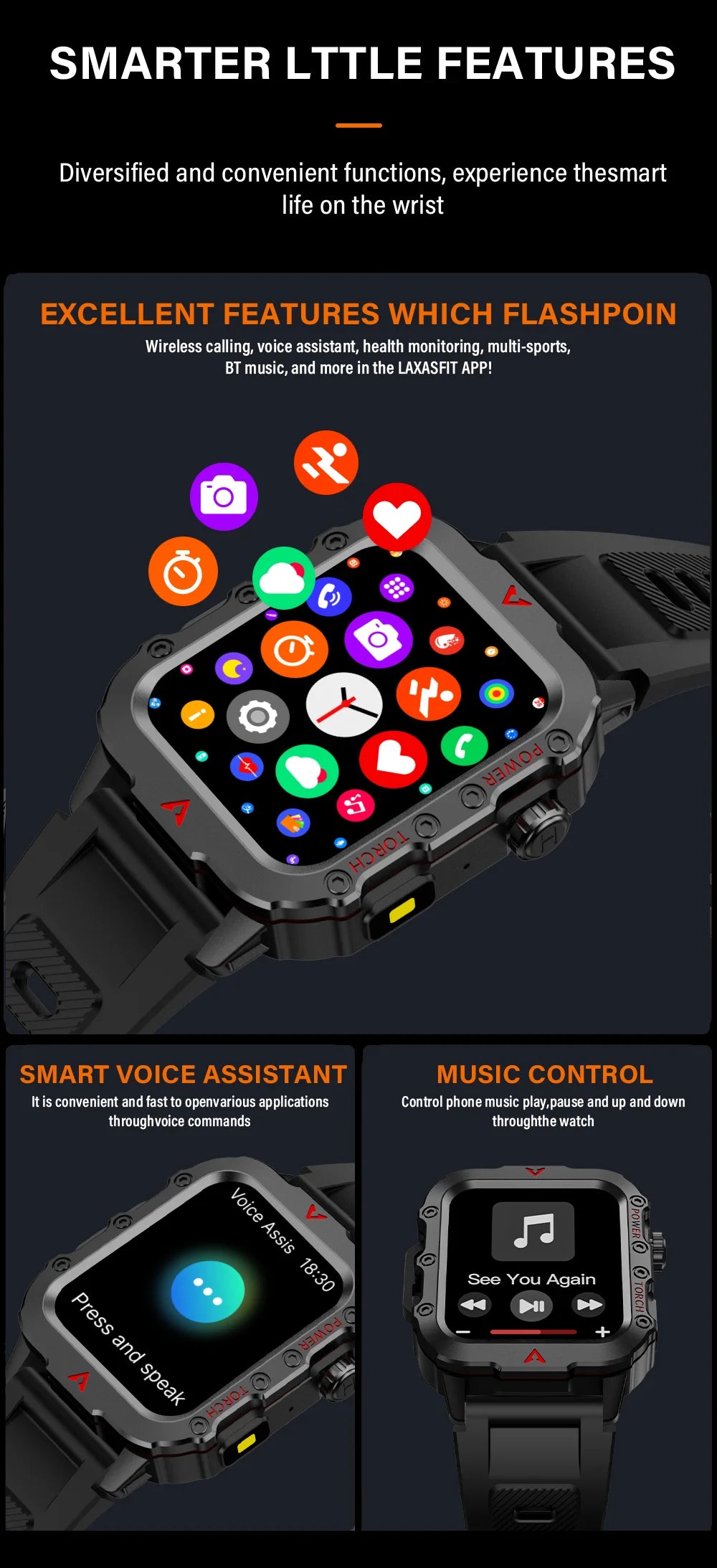 LAXASFIT Men’s Smart Watch – LED Flashlight Outdoor Sports Health Monitor