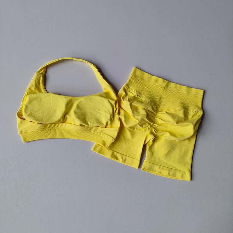Women’s Halter Neck Yoga Set – High Waist Peach Sports Bra & Shorts Suit