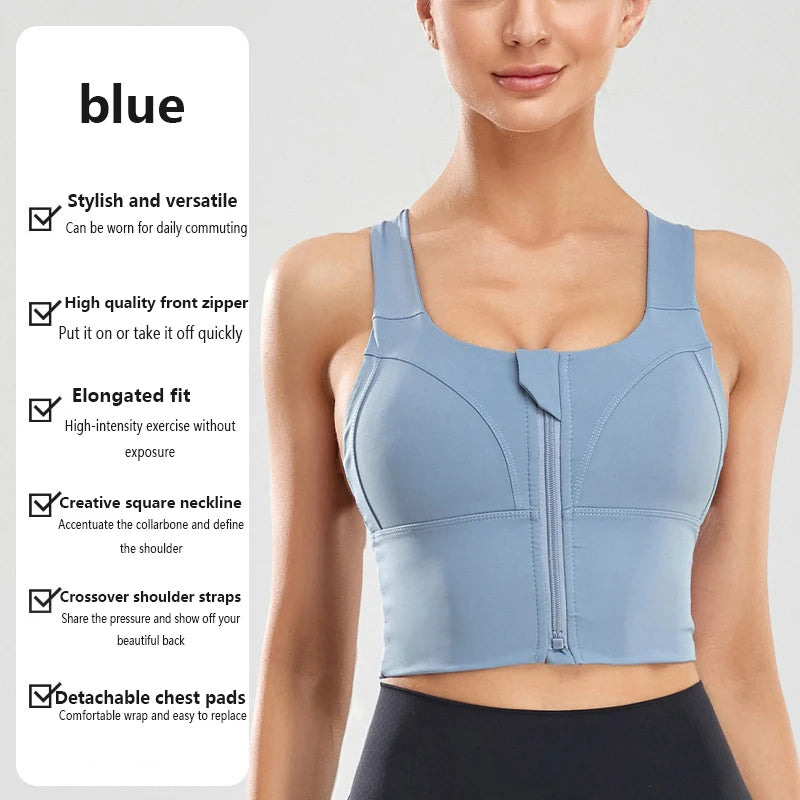Shock Resistant Sports Bra – Women’s Zipper Front Wide Strap Gym & Yoga Bra