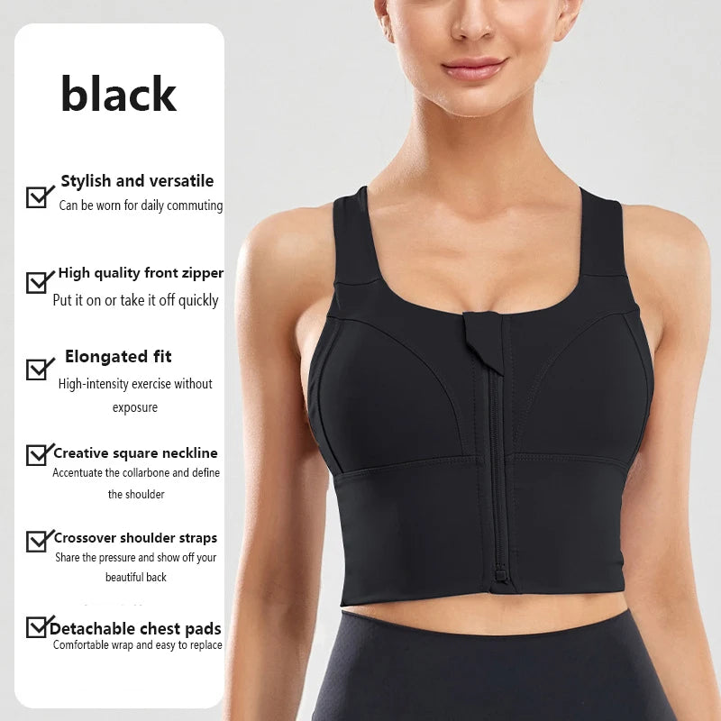 Shock Resistant Sports Bra – Women’s Zipper Front Wide Strap Gym & Yoga Bra