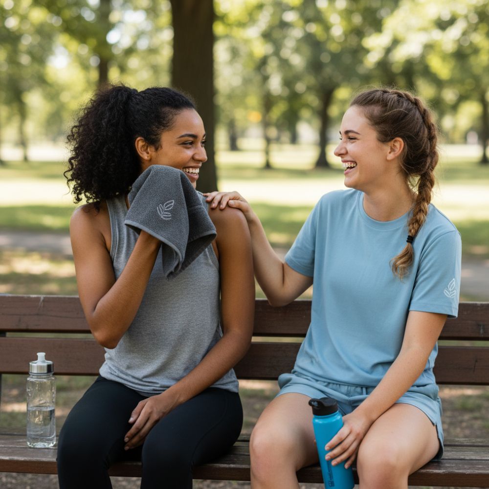 Two women sitting on a bench in a park, one holding a towel and the other with a water bottle, smiling.